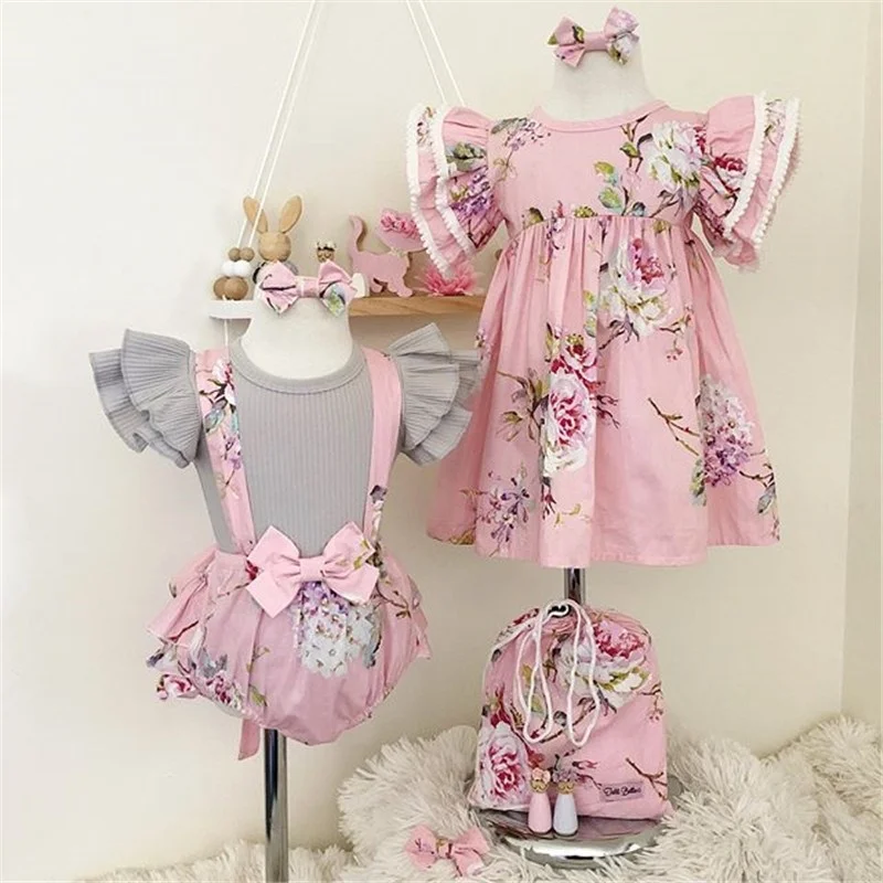 1-4Y Dress+Headband Toddler Girl Sister Dress Cotton Round Neck Short Sleeve Print Cute Princess Pink Party Fashion New | Детская одежда