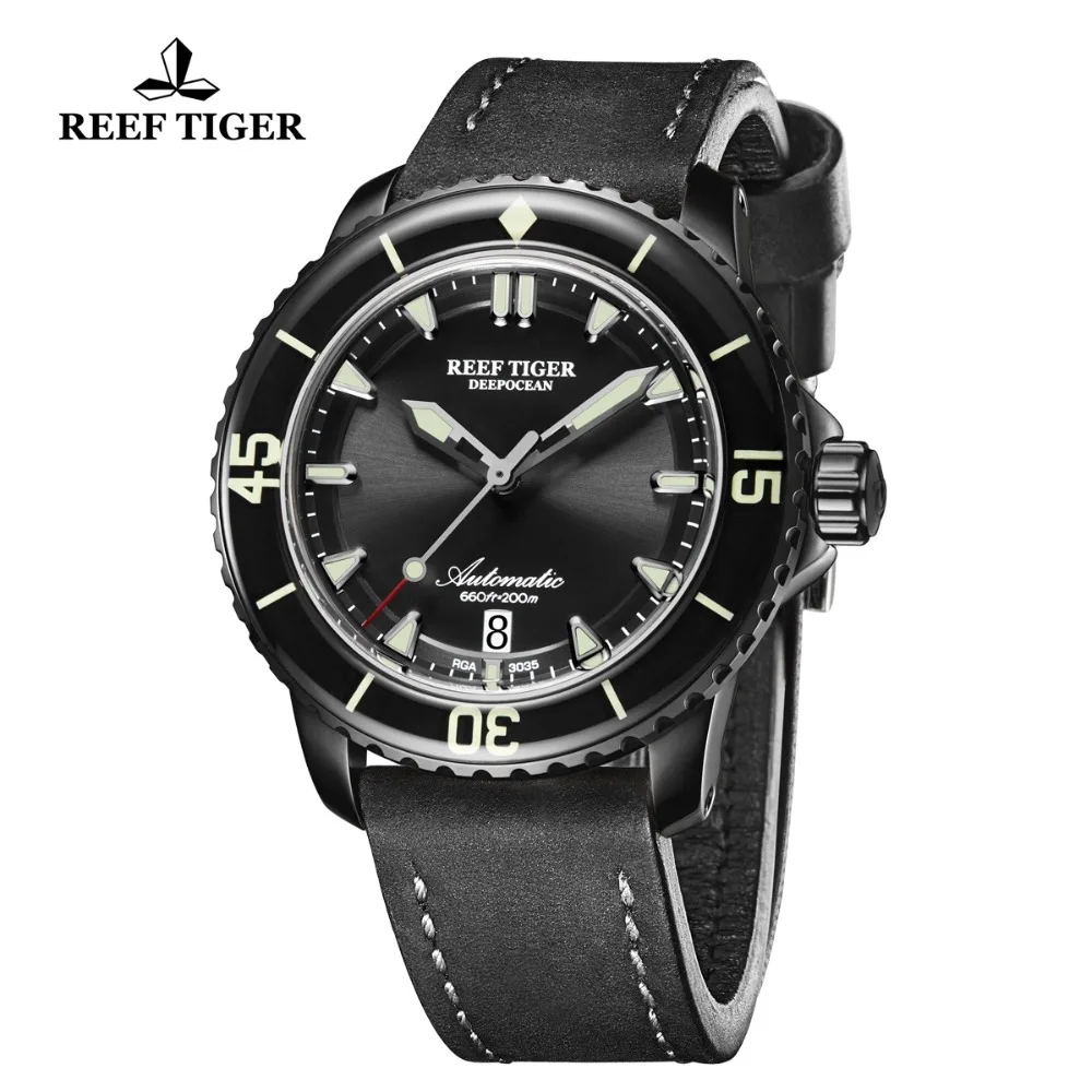

Reef Tiger/RT Dive Watches Luminous Sport Watches Mens Black Steel Leather Strap Automatic with Date Waterproof Watches RGA3035