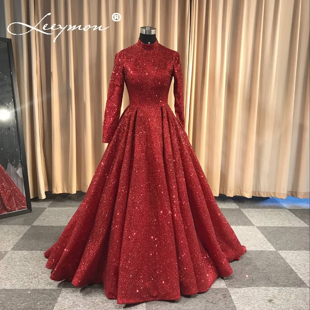 Robe De Soiree блестящее вечернее платье с длинными рукавами Черное вечернее платье длиной до пола с высоким воротом официальное длинное вечернее платье
