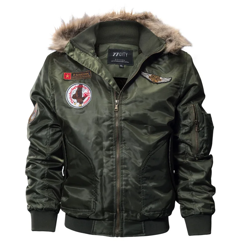 

Men's Fashion Bomber Jacket with Fur Collar Military Thick Fleece Hooded Jacket Men's Winter Coat