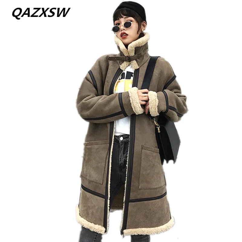 QAZXSW 2018 Новый Для женщин зимние натуральный мех пальто Ретро черепаха трещина