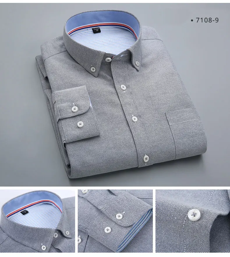 Новая модная мужская рубашка-Оксфорд с длинными рукавами, высокое качество, приталенная однотонная мягкая рубашка на пуговицах с воротником-стойкой, Повседневная рубашка