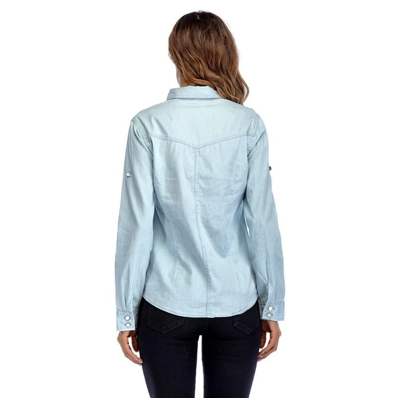 Рубашка женская синяя с отложным воротником | Женская одежда