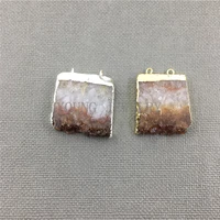 my1220 rectangular yellow crystal stalactite slice pendant with gold or silver plated edgesdouble bail crystal quartz pendant