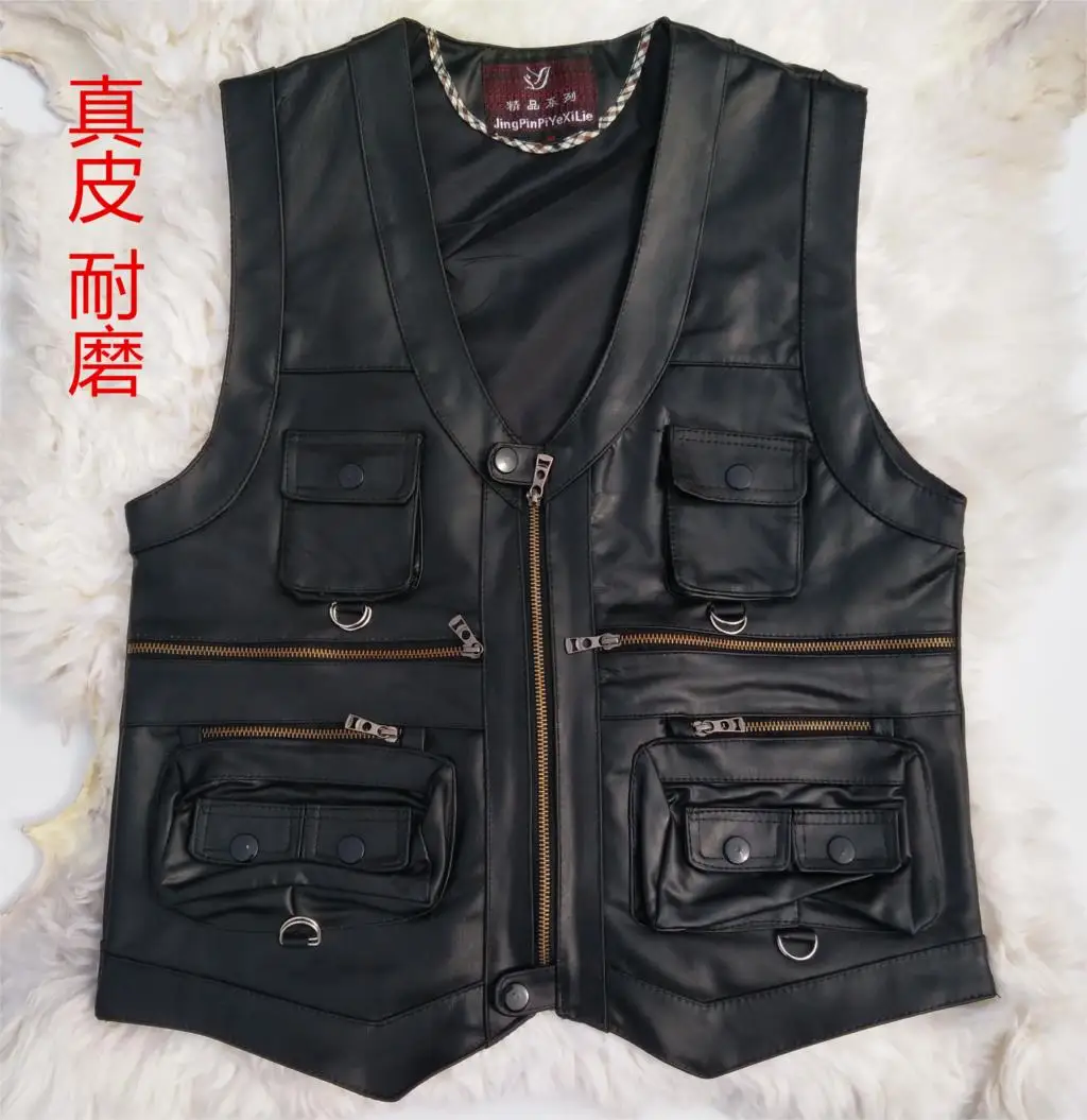 sheepskin leather vest men waistcoat pocket vests