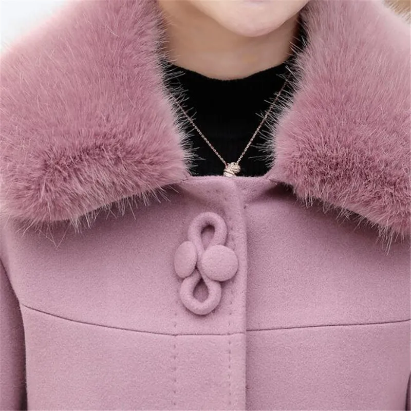 

Winter Women's Woolen Jacket Turn Down Fur Collar Plus Size XL-5XL Wool Coat Female Slim Solid Color Thick Warm Outwear s50204