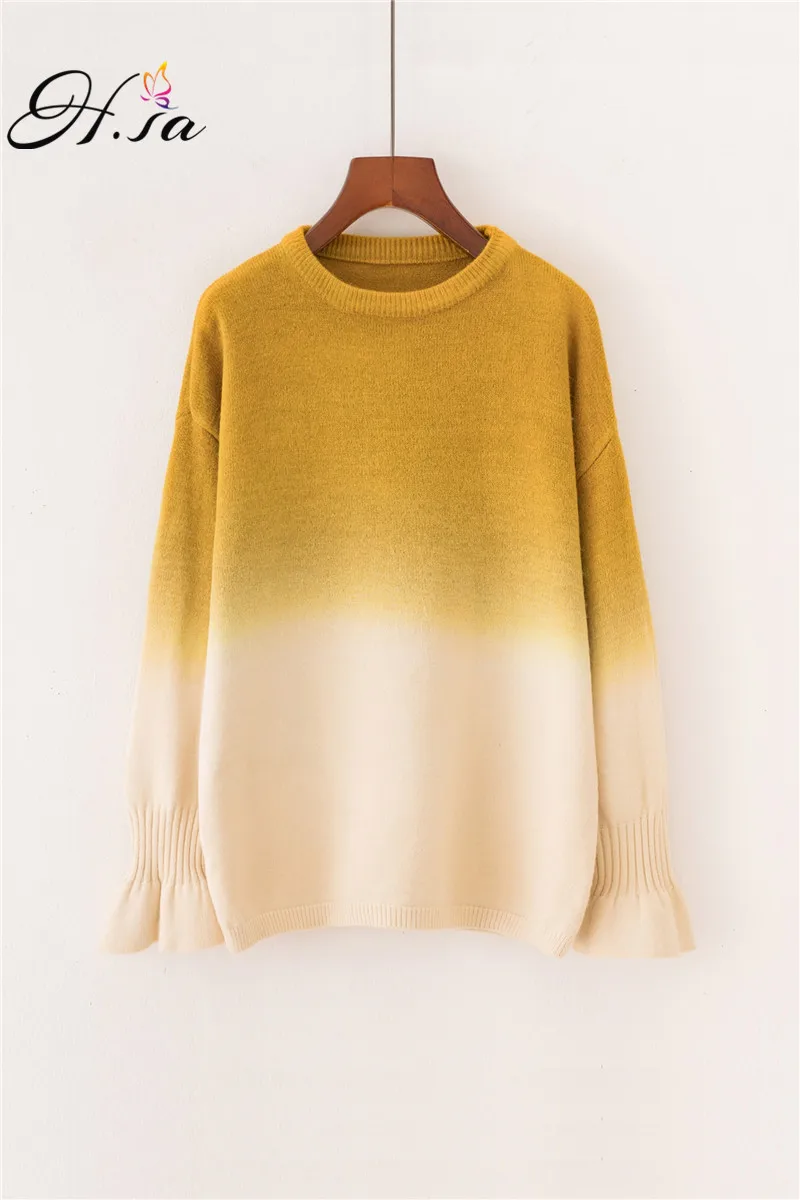 HSA 2018 Winter New Fashion Gradient Sweater Flare Sleeve Harajuku Pull Jumpers Blue Yellow Femme Korean pullover | Женская одежда