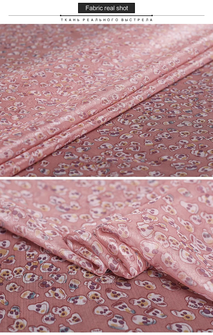 Pearlsilk 160cm Width Pink Human Skeleton Printed Chiffon 100%Polyester Materials Summer Dress DIY clothes fabrics Freeshipping