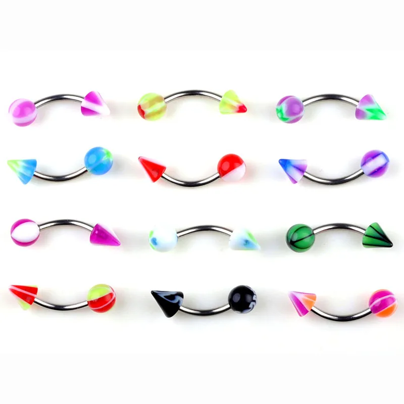 10Pcs/lot Mixed Stainless Steel Resin Cone Ball Ear Studs Tongue Nose Eyebrow Bars Rings Body Piercing Jewelry Wholesale пирсинг images - 6