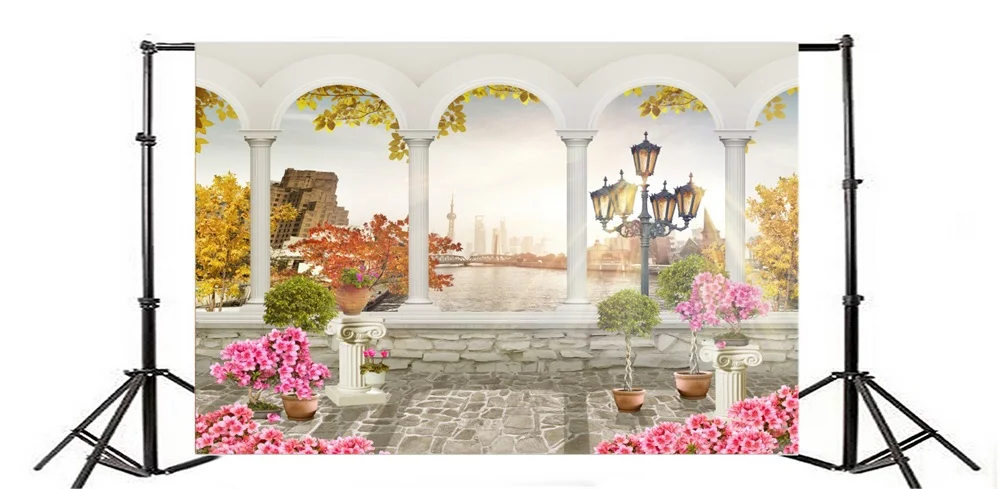 Laeacco арки столб горшке цветок море City Tower фотографического Фоны индивидуальные