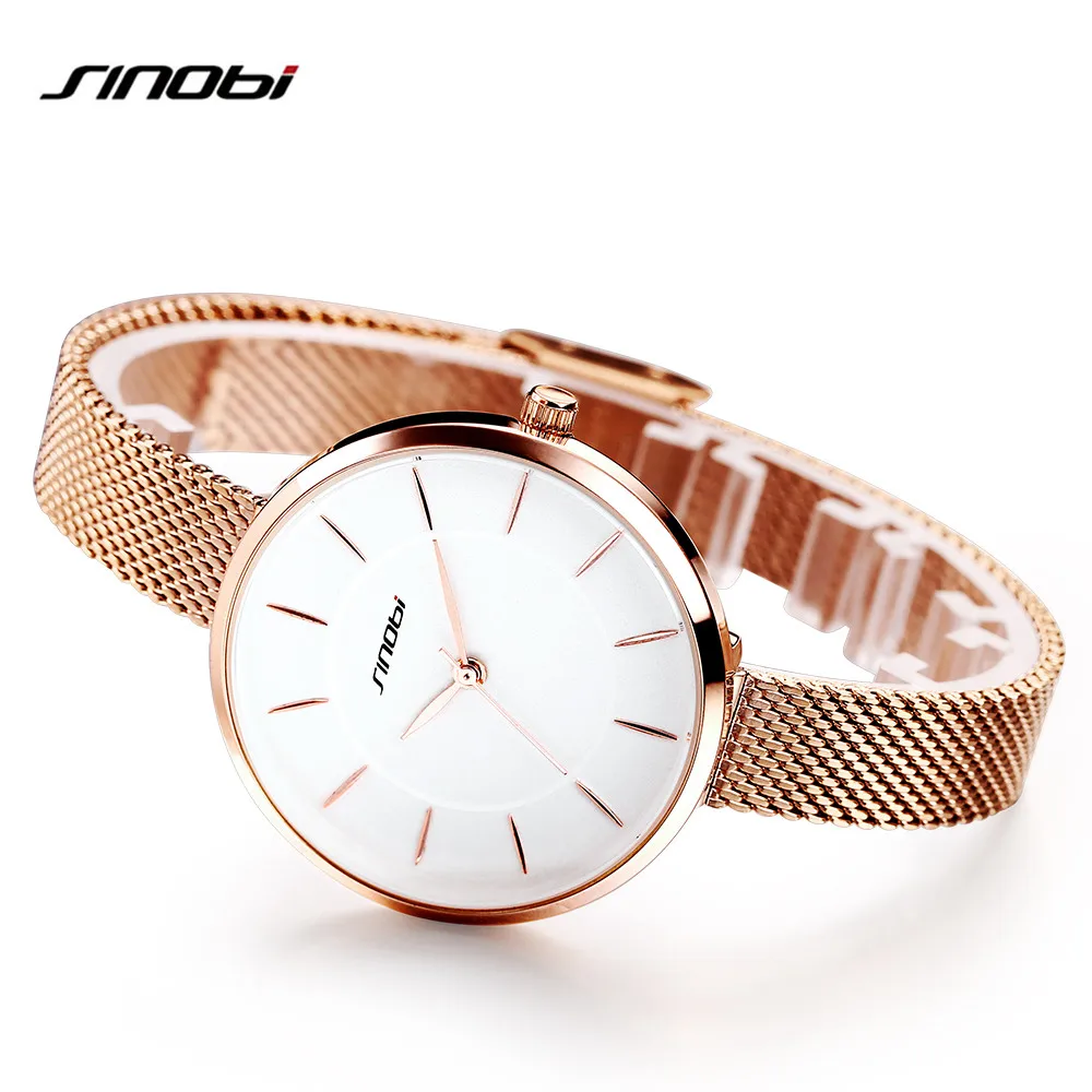 SINOBI Brand Luxury 2018 New Fashion Causal Women Watches Steel Mesh Band Rose Gold Watch Quartz Waterproof Ladies Wristwatch |