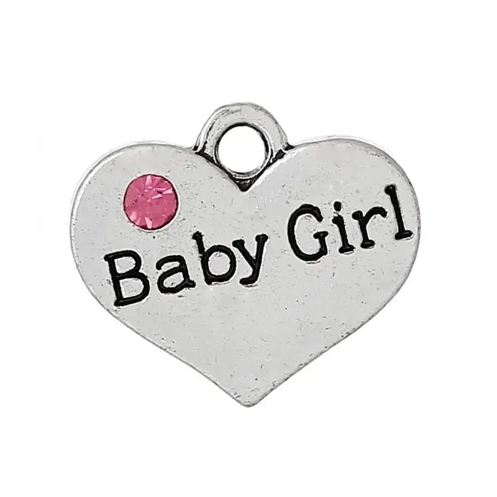 8SEASONS Charm Pendants Heart Silver Color Message &quotBaby Girl&quotCarved Pink Rhinestone 17.0mm x 15.0mm 20 PCs | Украшения и