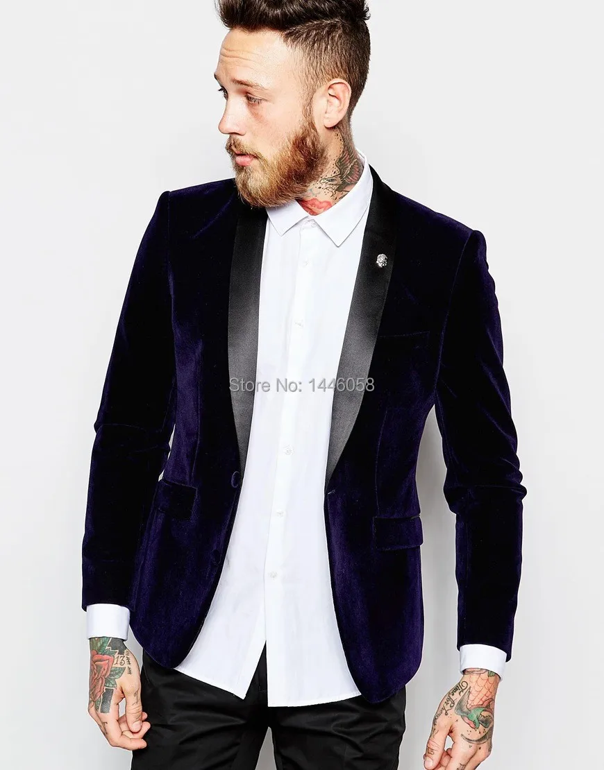 2016 New Arrival One Button Navy Blue Velvet Blazer Groomsmen Suit Prom Groom Tuxedos Mens Wedding Suits Custom Made Jacket+Pant