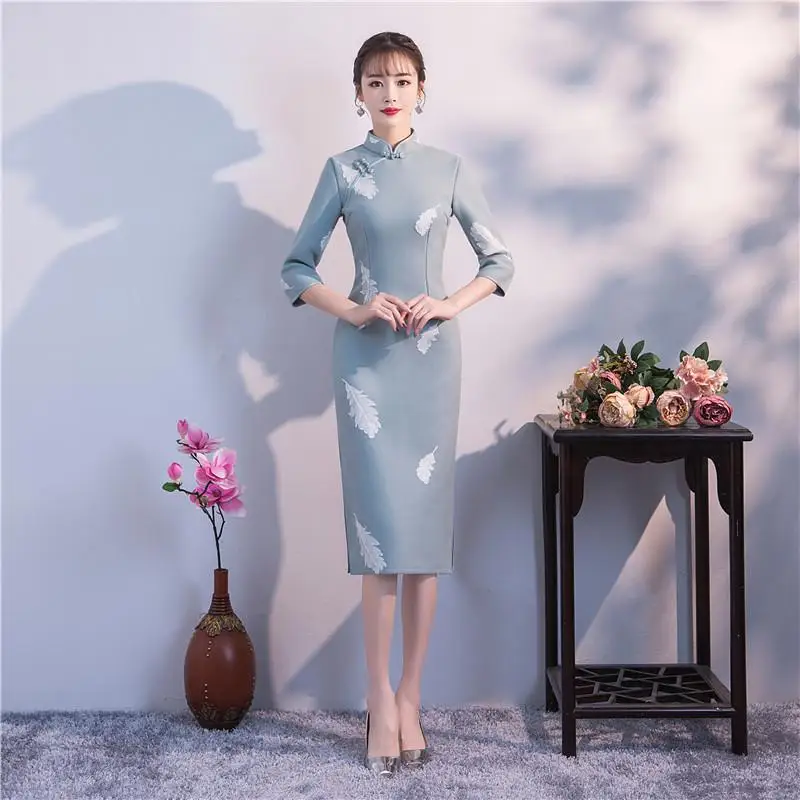 Элегантный Для женщин воротник-стойка Тонкий Cheongsam традиционно высокое Разделение тонкий Qipao Vestidos благородный офис платье в деловом стиле Размеры M-3XL - Цвет: Style 2