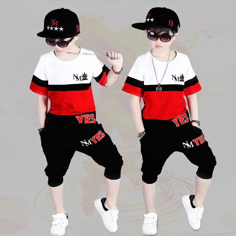 

Hot Baby Boys Hip-Hop Clothes 2019 Summer New Round Neck Boutique T-Shirt + Casual Shorts Red Two Set 4-12 Year Kids Suit