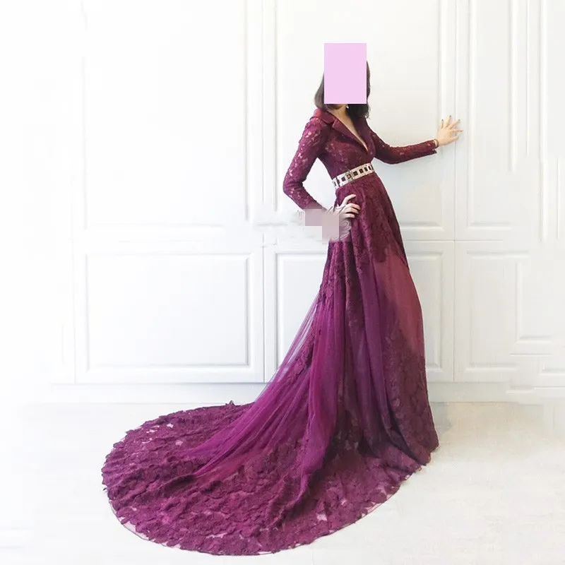 

Fashion Purple Plum Lace Full Sleeves Evening Dress Custom Made High Waistline Empire Women Formal Occasion Maxi Gowns Vestidos