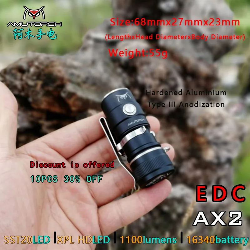 Мини светодиодная вспышка Amutorch AX2 XPL HD/SST20 1100 лм Мощная батарея 16340 или 18350 фонарик