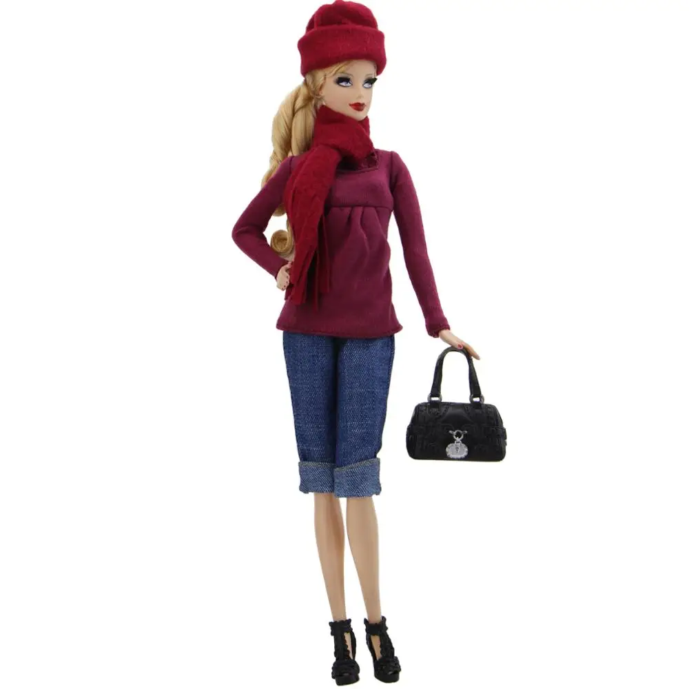 1 Set Fashion Winter Lady Outfit Red Blouse Scarf Cap Jeans Trousers Handbag Shoes Clothes For Barbie Doll Accessories DIY Toy | Игрушки и