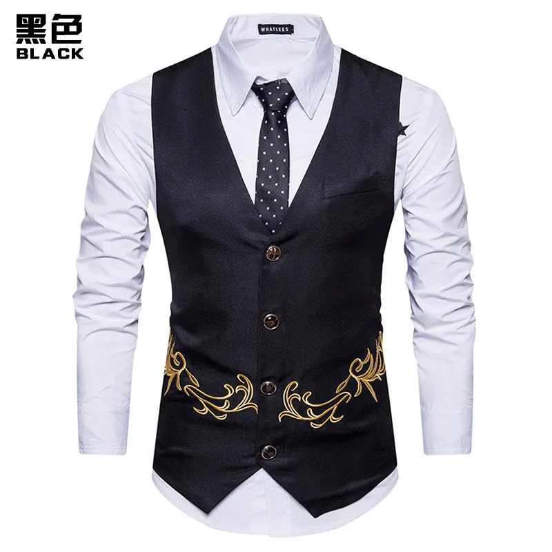 Men Floral Embroidery Vest Fashion Sleeveless Waistcoat Wedding Party Business Gilet Homme Male Single Buttons Suit Jacket XXL