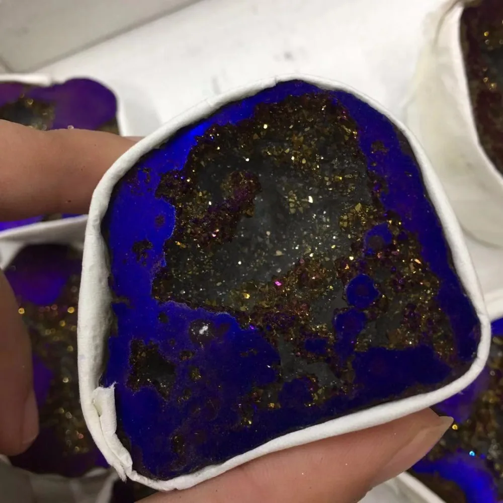 Натуральный агат Geode темно-синий друзовый кварц гальваническое покрытие кластер кристалл точки бразильские минералы образец вечерние украшения