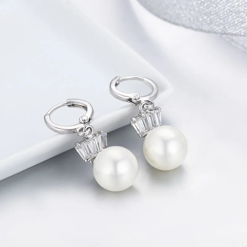White Gold Color Aulic Hoop Link Crown CZ & Faux Pearl Ball Drop Dangle Earrings For Women Jewelry Bijoux|dangling earrings for women|dangle drop