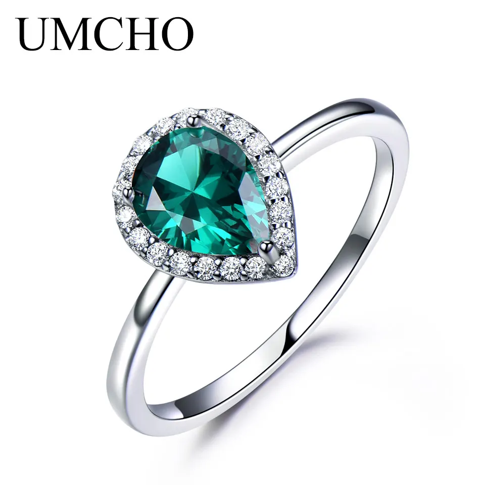 Emerald UMCHO Романтический в виде капли воды создан изумруд кольца 925 пробы серебряные кольца для женщин подарок на день рождения ювелирные изделия - Цвет камня: Emerald