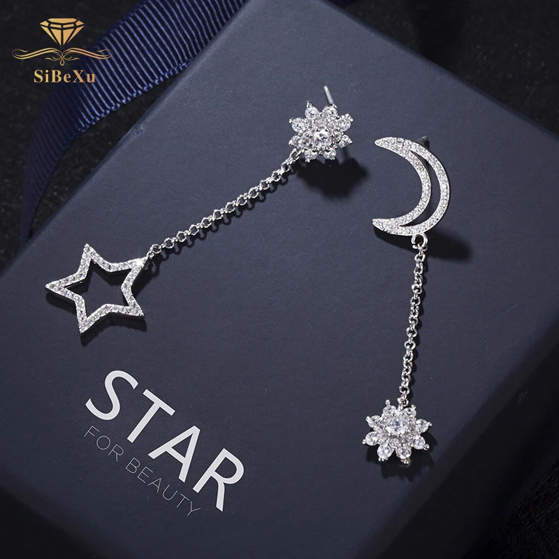 Модные висячие серьги со стразами 925 серебро с кристаллами Swarovski Звезда Луна