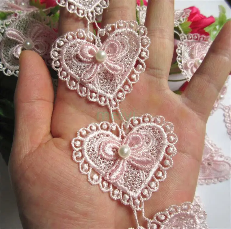 3 ярда розовый бант в форме сердца жемчужная вышитая кружевная отделка лента
