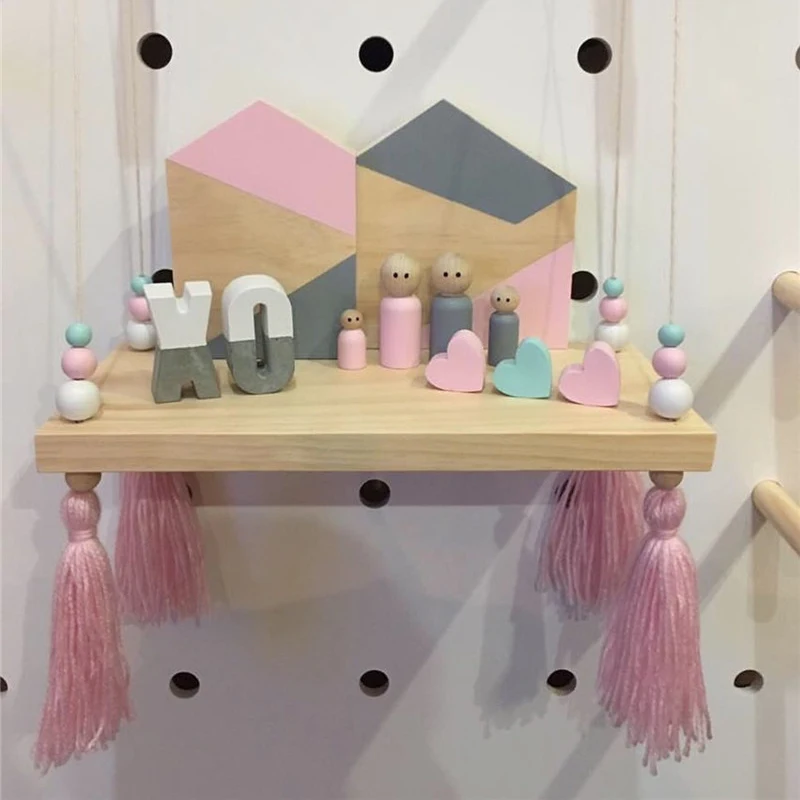 Nordic Home Wall Hanging Wooden Ornaments Beads Board Storage Shelf Kids Room Nursery Decor with Tassels | Дом и сад
