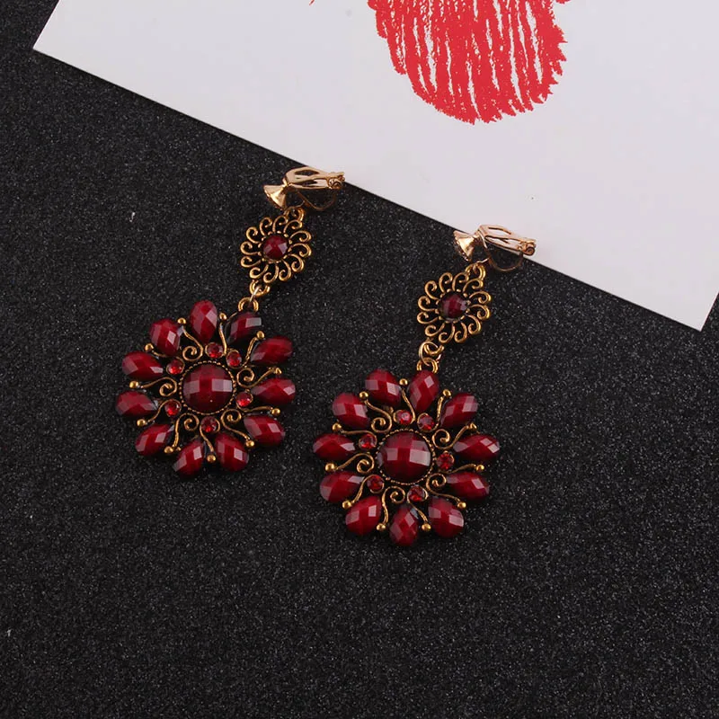 red JIOFREE, винтажные, 3 цвета, стразы, смола, цветок, клипсы, серьги без пирсинга для женщин, этнические, полимерные, массивные украшения - Окраска металла: red