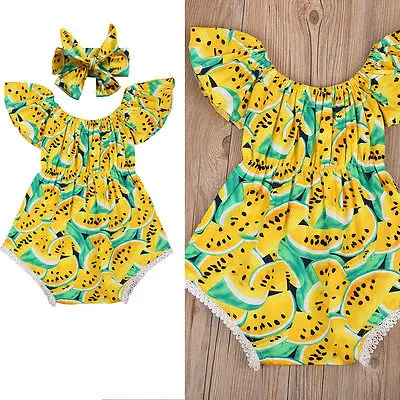 Новорожденных для маленьких девочек Костюмы арбуз желтый комбинезон + головной