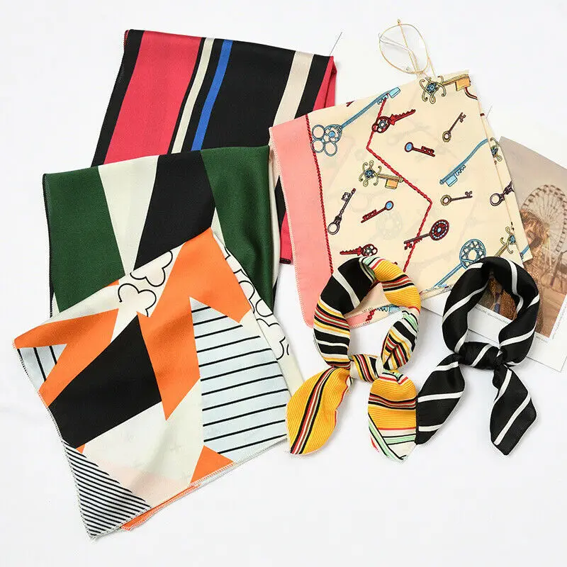 

Square Scarf Hair Tie Band For Business Party Women Elegant Small Vintage Skinny Retro Head Neck Silk Satin Scarf