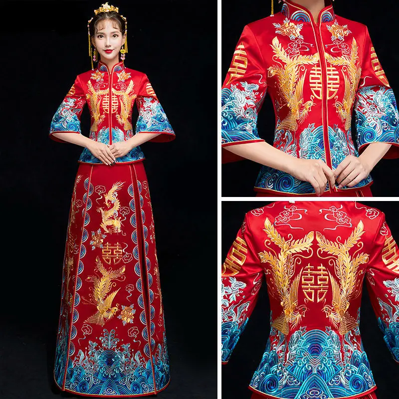 

Традиционное китайское свадебное платье, вечерние платья для женщин Cheongsam лето синий с вышивкой дракона Qipao восточные Вечерние платья Красн...