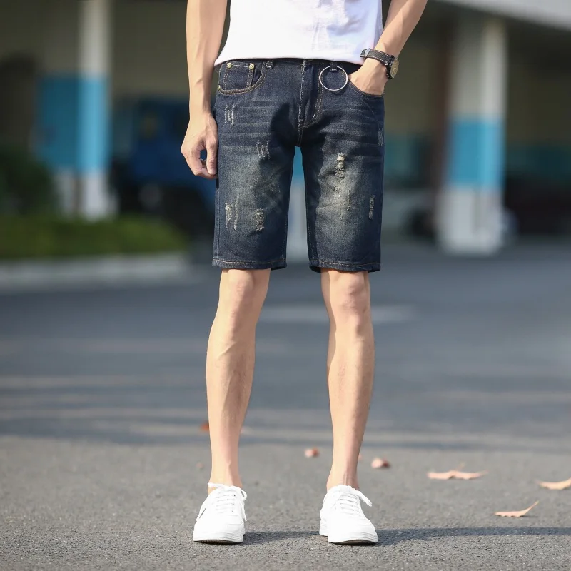 

2018 jeans men stretch Summer ripped Jeans shorts men dark blue