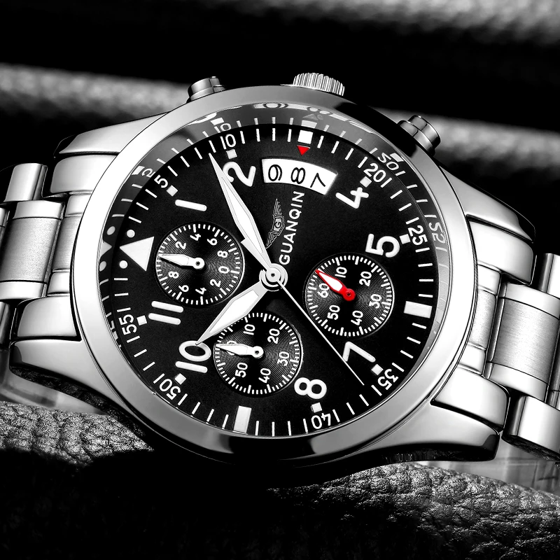 GUANQIN Mens Watches Top Brand Luxury Men Business Chronograph Quartz Watch Full Steel Waterproof Wristwatch relogio masculino