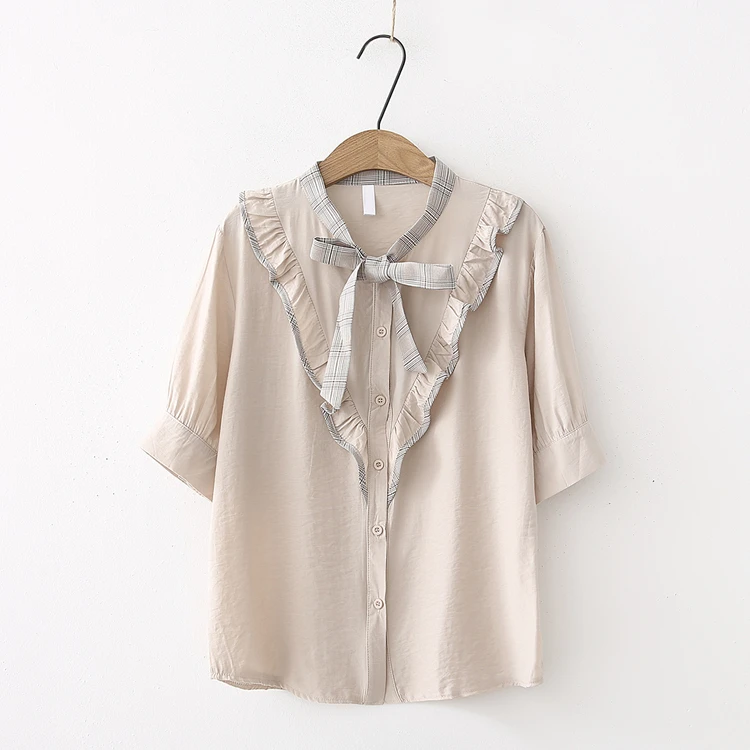 ruffled patchwork sash bow stand collar short sleeve shirt blouse mori girl 2018 summer |
