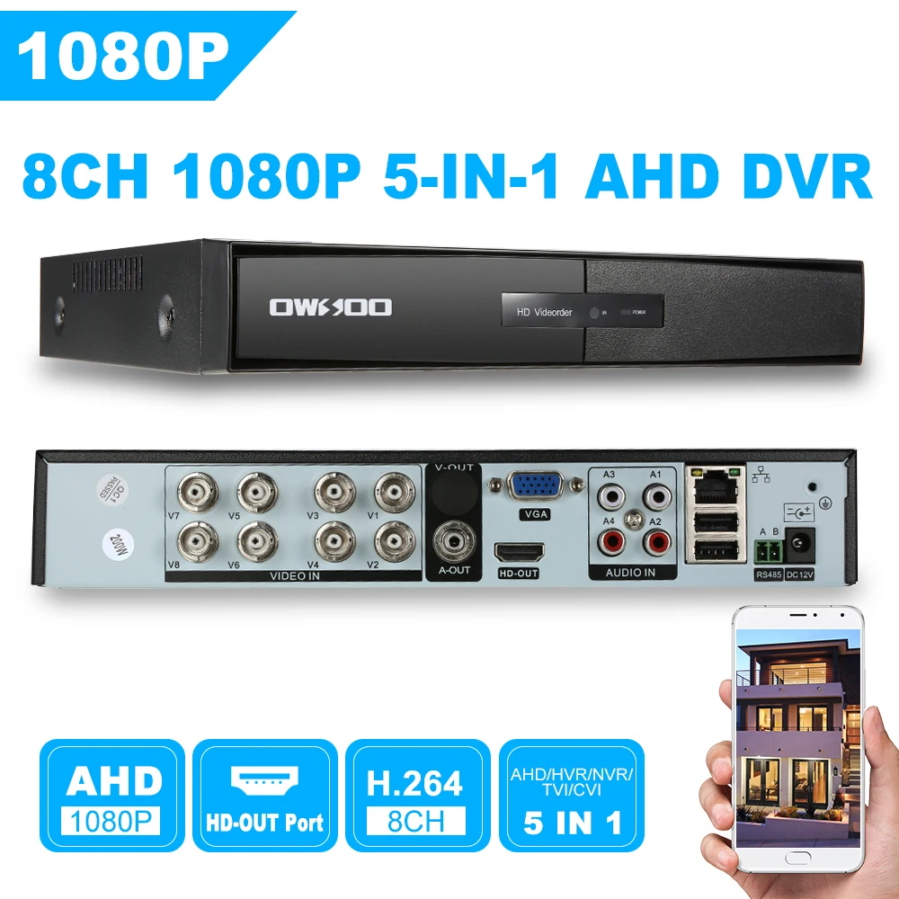 OWSOO 1080P 8CH AHD DVR видеорегистратор видеонаблюдения H.264 5 в 1 цифровой Onvif 4Ch для CCTV