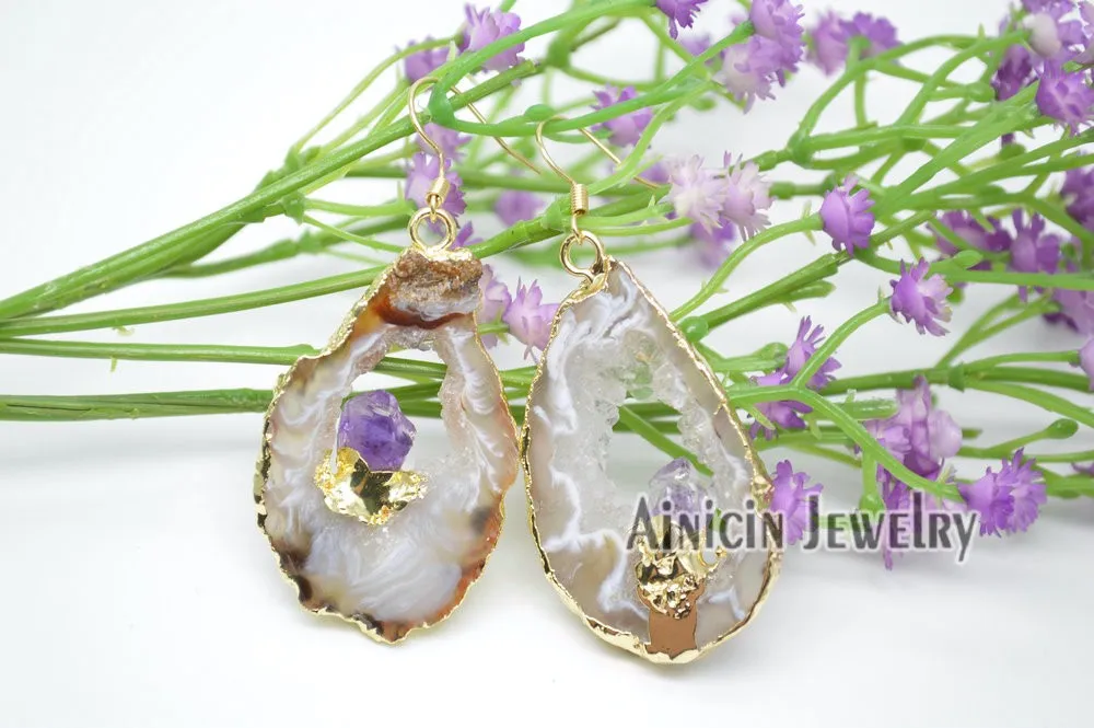 1 пара Рок Кристалл инкрустация Drusy Geode камень цвета золота крюк серьги для модных женщин ювелирные изделия Лучший подарок на день рождения