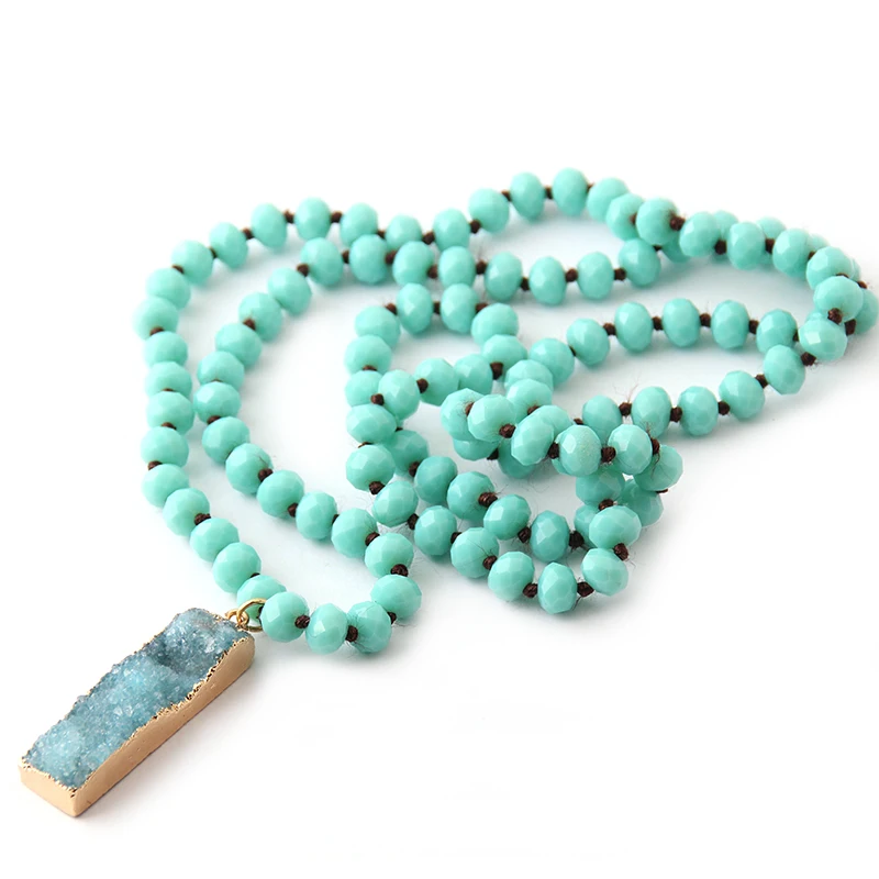 Fashion Bohemian Tribal Jewelry 8mm Crystal Glass Knotted With Blue Druzy Pendant Necklaces For Women Ethnic Necklace | Украшения и