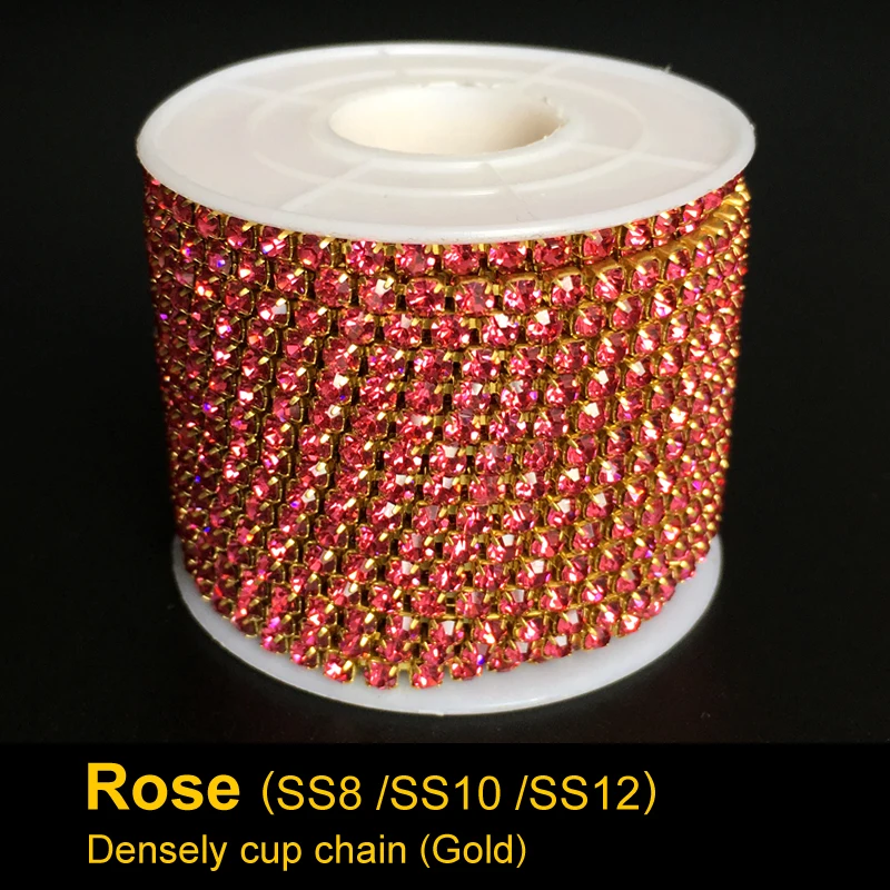 Прямых продаж Роза плотно цепь золотая основа 10 ярдов/рулон Ss8 Ss10 Ss12 для страз