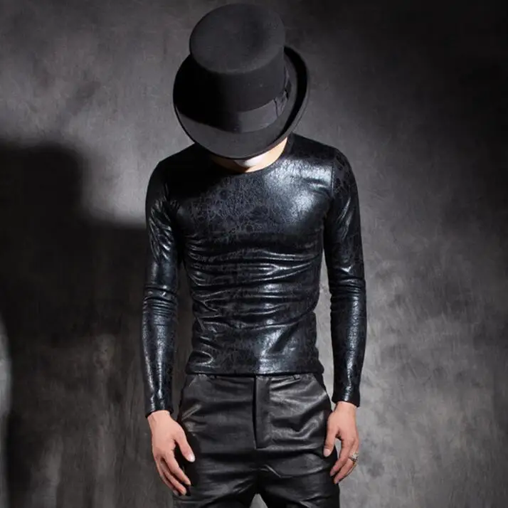 Горячие новые зимние толстые мужские тонкие короткие параграф с длинными рукавами кожаная футболка мужской парикмахер облегающие рубашки с круглым вырезом