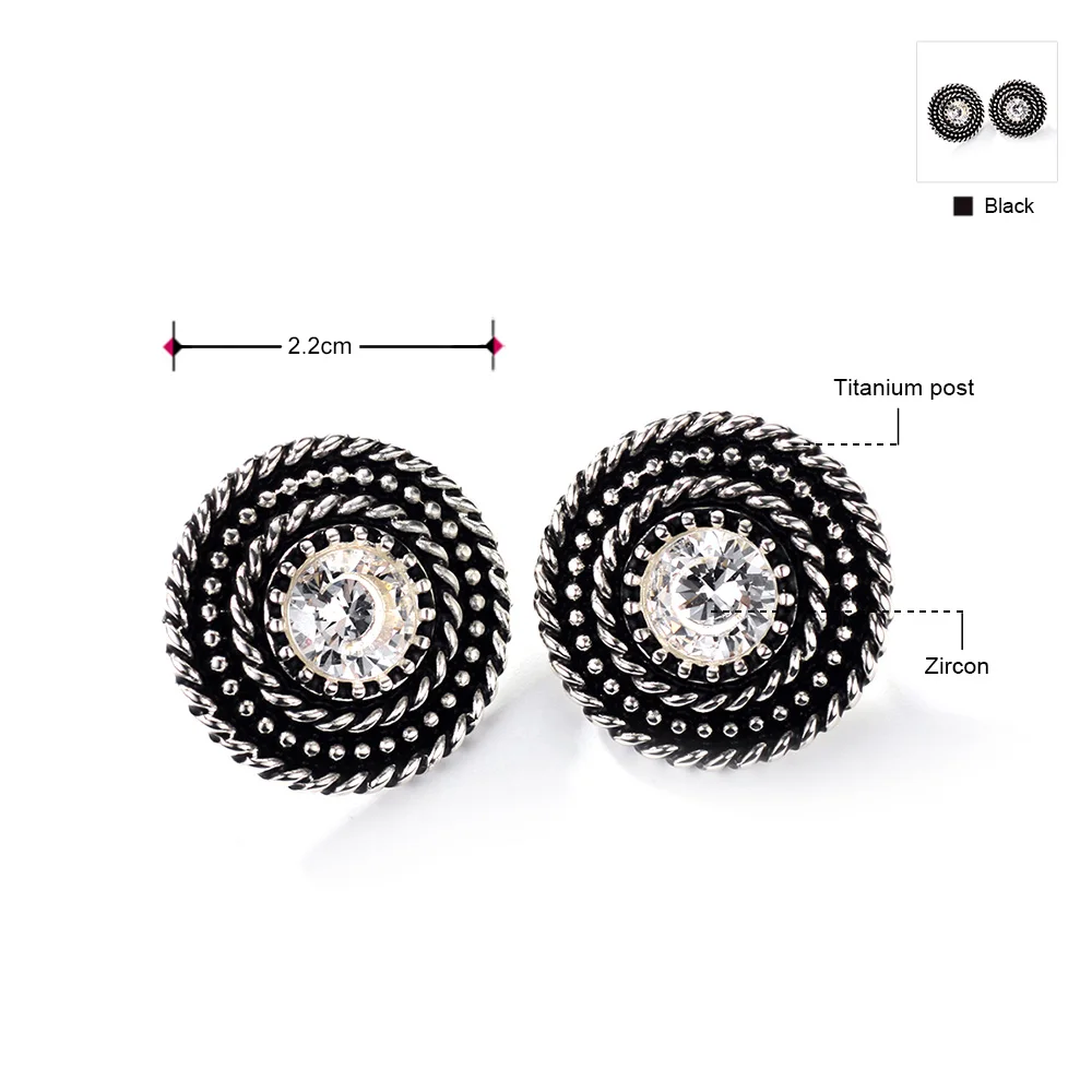 Neoglory Vintage Zircon Button Earrings For Women Silver Plated Black Round Jewelry Wholesale Twisted Rope Setting FA | Украшения и