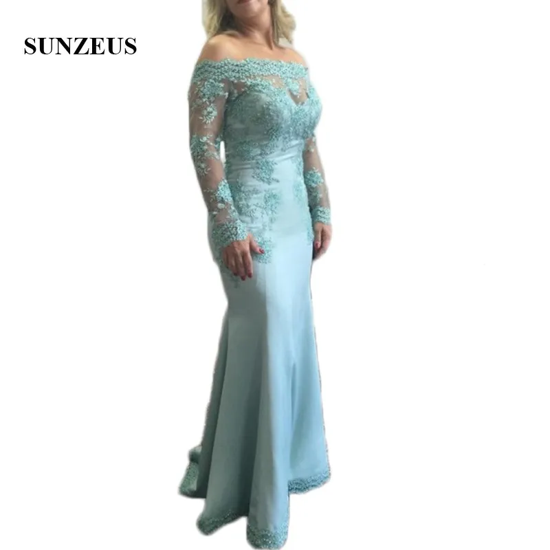 

Boat Neck Off Shoulder Sheath Mother of the Bride Dresses Sheer Long Sleeve Appliques Beaded Stunning Formal Party Dress SMD33