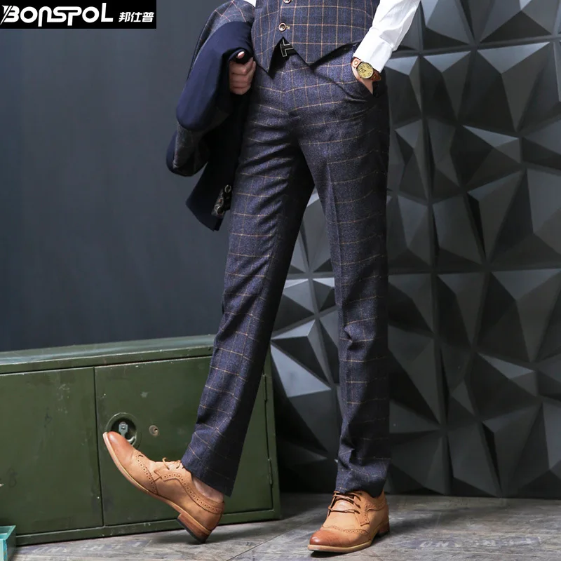 Брендовые мужские брюки BONSPOL новинка клетчатые прямые для отдыха зимние