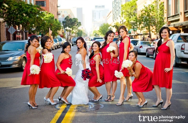 Замечательный Линии Одно Плечо Длиной До Колен Шифон Красный Невесты Платье