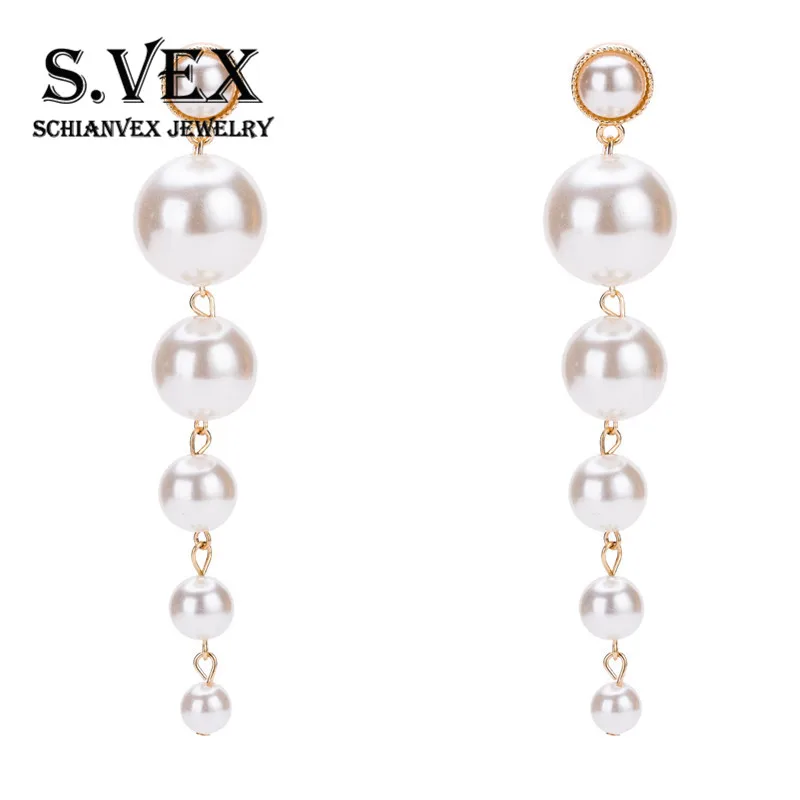 S.VEX Rose Gold Color Long Stud Earrings for Women Jewelry Big Crystal Statement Pearl Earring Oorbellen Bohemian Jewellery | Украшения и