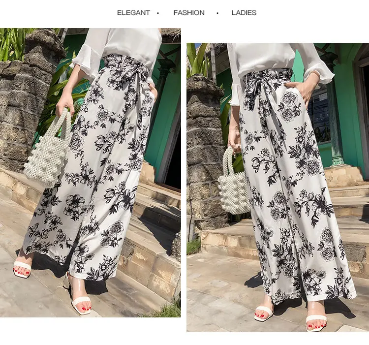 Летние новые винтажные Свободные Штаны Boho с высокой талией, свободные длинные женские брюки с цветочным принтом, повседневные женские пляжные штаны для отдыха