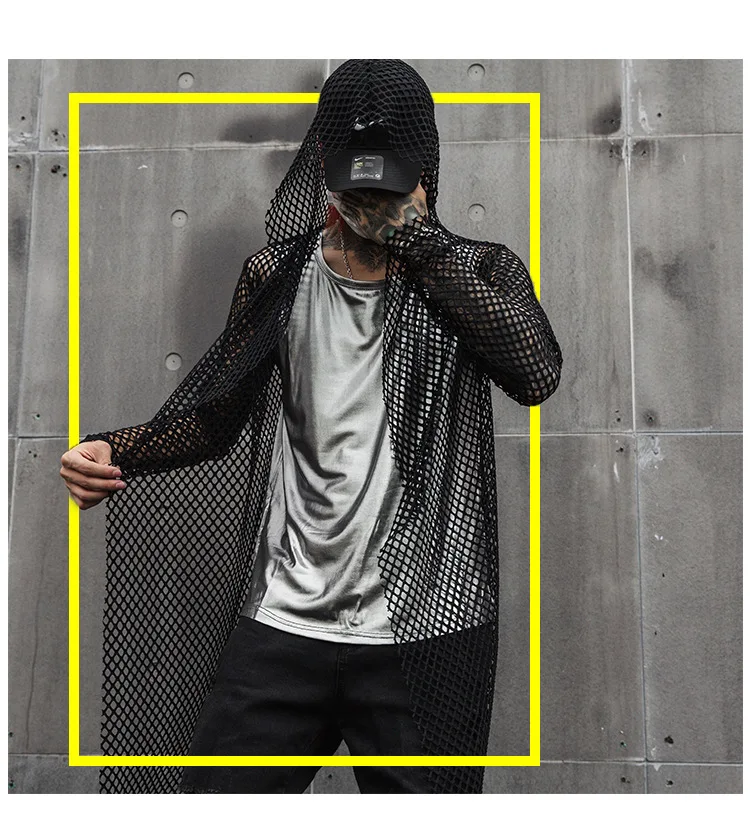 Для мужчин Slim Fit повседневное сетки полый Пояс Тренч с капюшоном кардиган мужской уличной хип хоп панк готический плащ куртка летняя одежда
