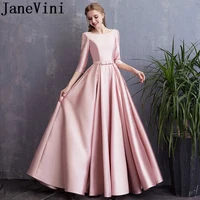 janevini 2019 elegant long bridesmaid dresses with pockets blush pink scoop neck pearls satin a line backless prom party gowns