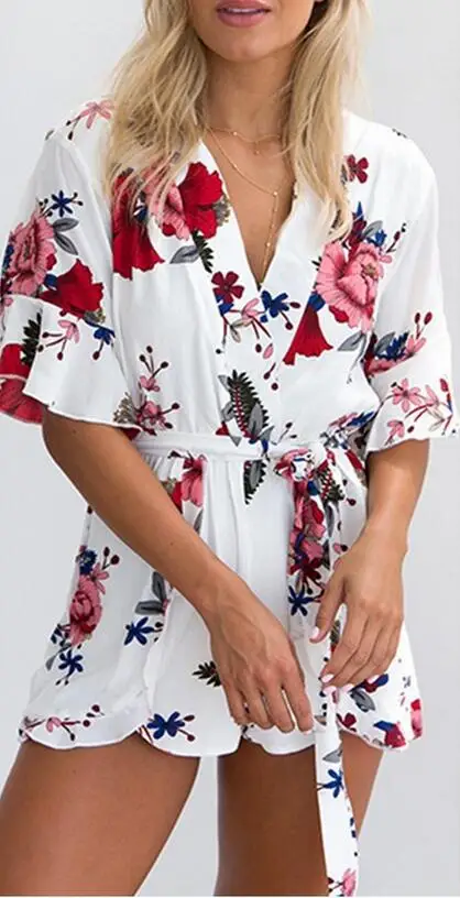 beach floral print sexy jumpsuit romper plasysuits v neck half Sleeve butterfly sleeve overalls Streetwear playsuit leotard